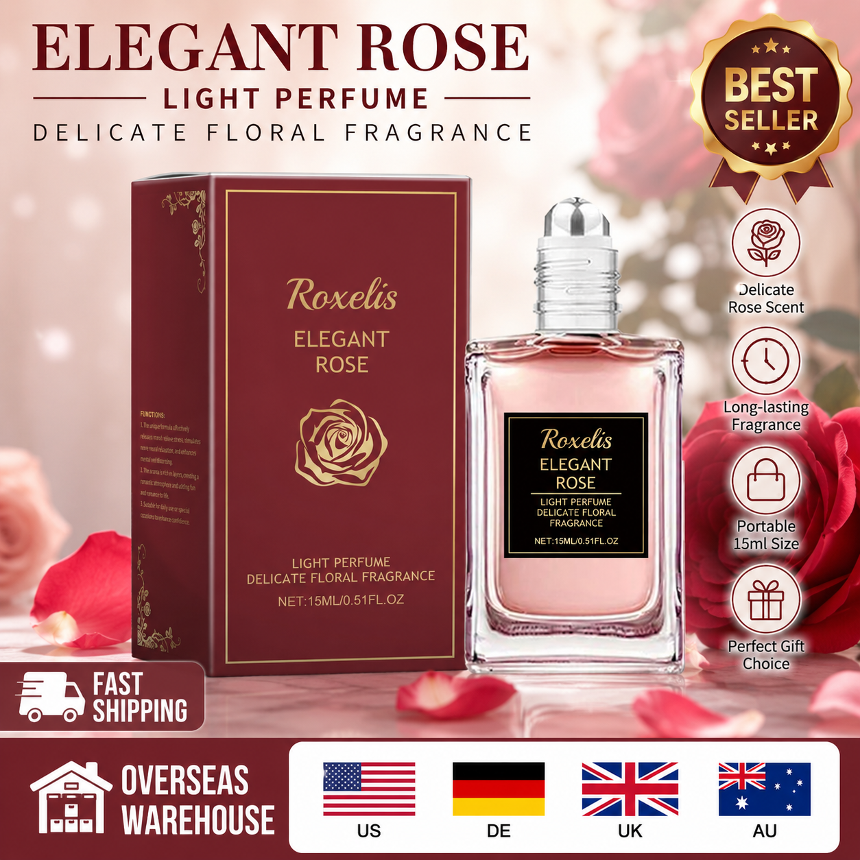Perfume Fragrance Bottle - 15ml Rose Floral Roll on Perfume